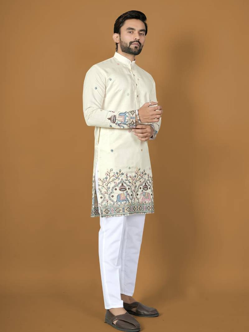 White embroidery silk straight kurta