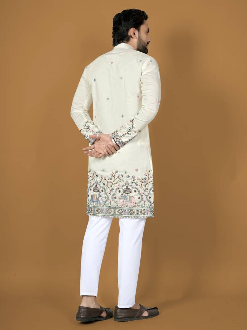 White embroidery silk straight kurta