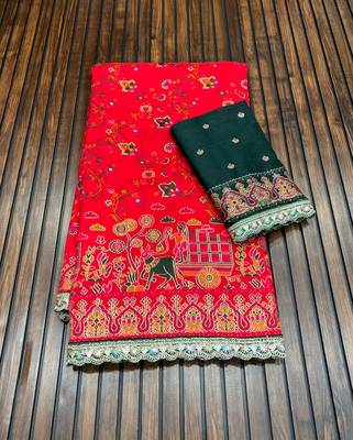 Red Color Zari Weaving Embroidery Lace Pashmina Silk Blend  Saree  1