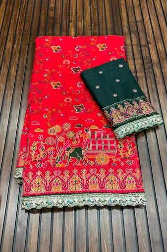 Red Color Zari Weaving Embroidery Lace Pashmina Silk Blend  Saree 