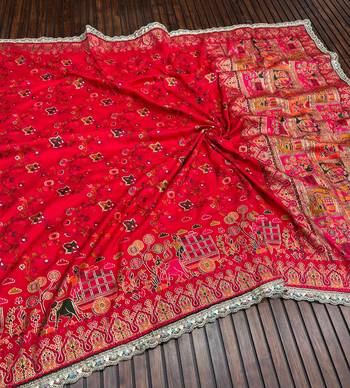 Red Color Zari Weaving Embroidery Lace Pashmina Silk Blend  Saree  2