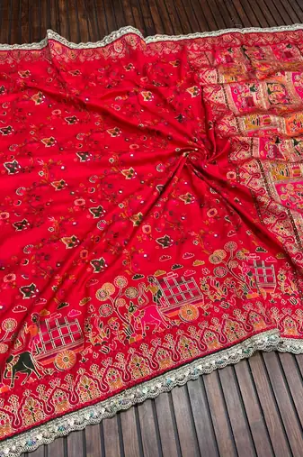 Red Color Zari Weaving Embroidery Lace Pashmina Silk Blend  Saree 
