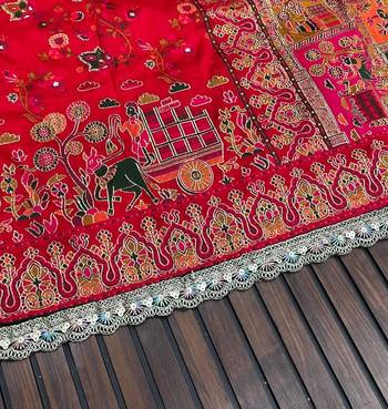Red Color Zari Weaving Embroidery Lace Pashmina Silk Blend  Saree  3