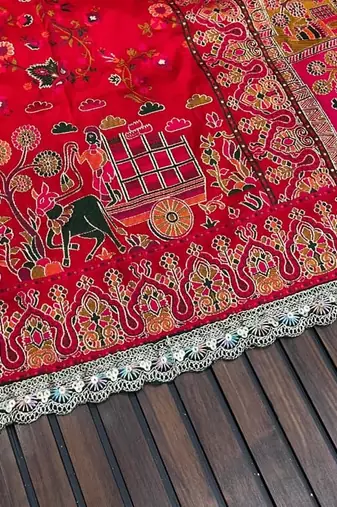 Red Color Zari Weaving Embroidery Lace Pashmina Silk Blend  Saree 