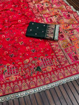 Red Color Zari Weaving Embroidery Lace Pashmina Silk Blend  Saree  4