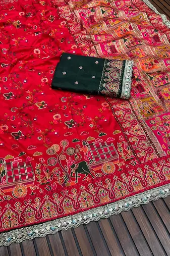 Red Color Zari Weaving Embroidery Lace Pashmina Silk Blend  Saree 
