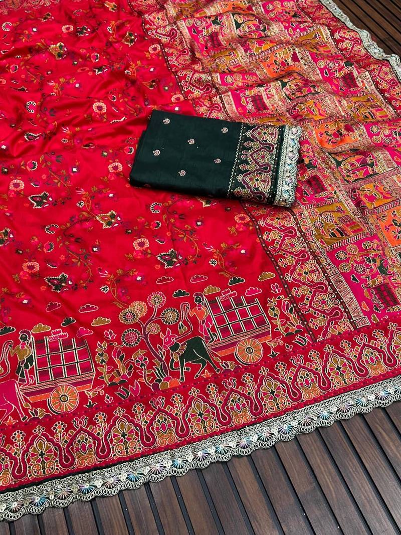 Red Color Zari Weaving Embroidery Lace Pashmina Silk Blend  Saree 