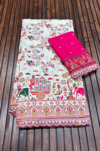 White Color Zari Weaving Embroidery Lace Pashmina Silk Blend  Saree 