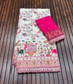 White Color Zari Weaving Embroidery Lace Pashmina Silk Blend  Saree 