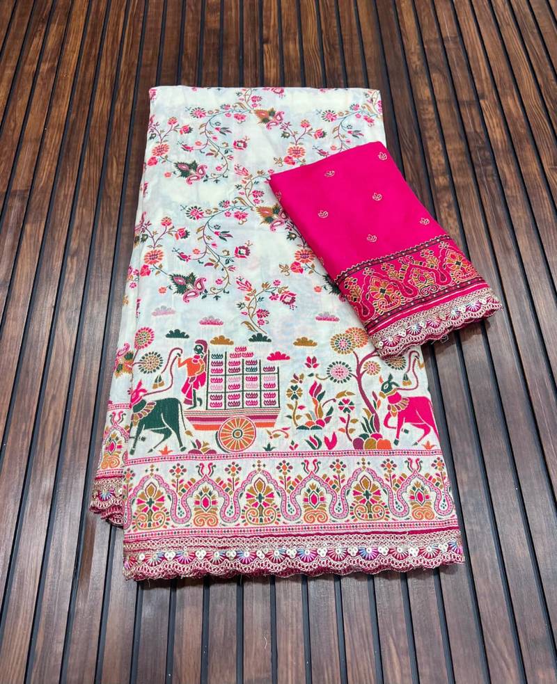 White Color Zari Weaving Embroidery Lace Pashmina Silk Blend  Saree 