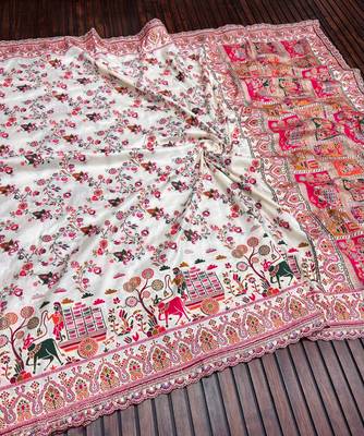 White Color Zari Weaving Embroidery Lace Pashmina Silk Blend  Saree  2
