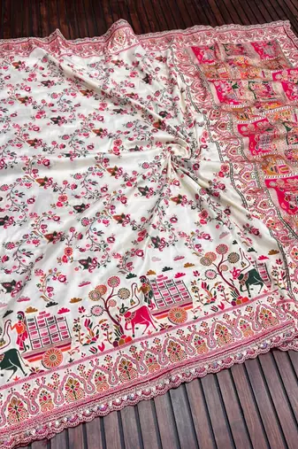White Color Zari Weaving Embroidery Lace Pashmina Silk Blend  Saree 