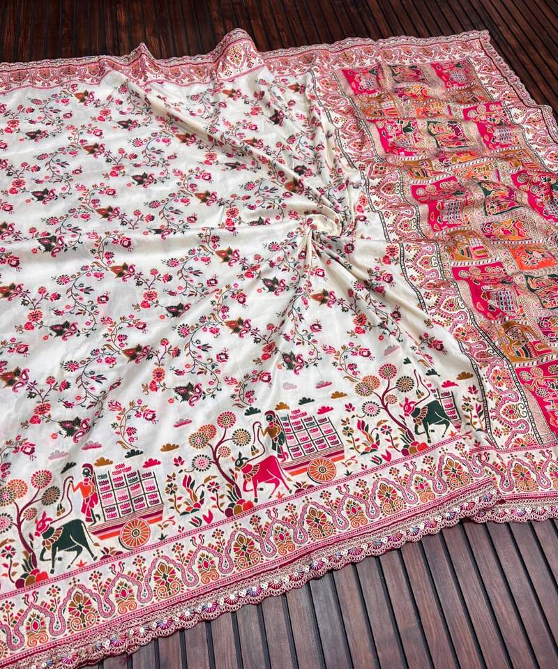 White Color Zari Weaving Embroidery Lace Pashmina Silk Blend  Saree 