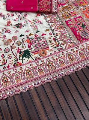 White Color Zari Weaving Embroidery Lace Pashmina Silk Blend  Saree  3