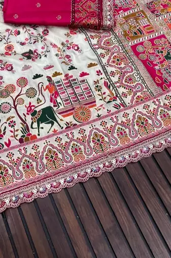 White Color Zari Weaving Embroidery Lace Pashmina Silk Blend  Saree 