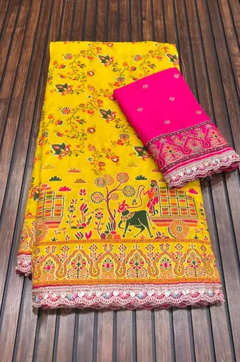 Yellow Color Zari Weaving Embroidery Lace Pashmina Silk Blend  Saree 