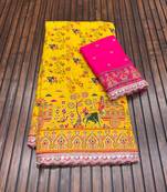 Yellow Color Zari Weaving Embroidery Lace Pashmina Silk Blend  Saree 