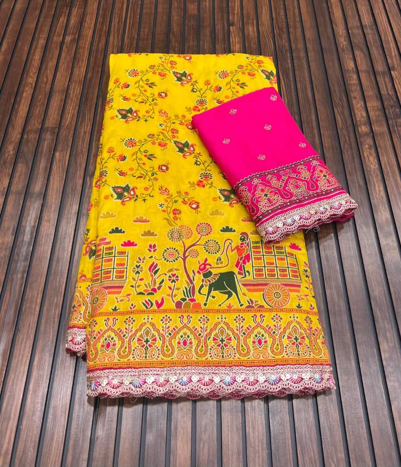 Yellow Color Zari Weaving Embroidery Lace Pashmina Silk Blend  Saree 