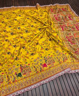 Yellow Color Zari Weaving Embroidery Lace Pashmina Silk Blend  Saree  2