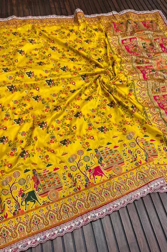Yellow Color Zari Weaving Embroidery Lace Pashmina Silk Blend  Saree 
