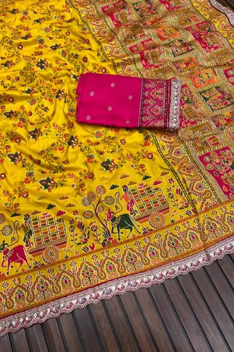 Yellow Color Zari Weaving Embroidery Lace Pashmina Silk Blend  Saree 