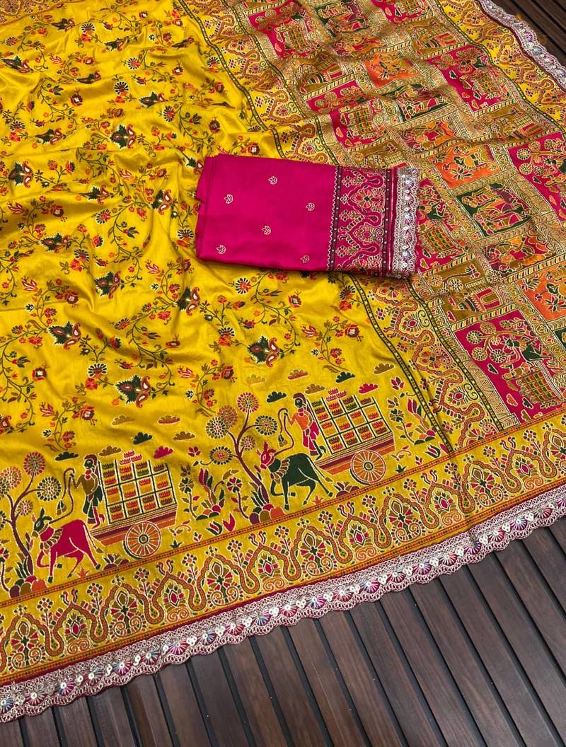 Yellow Color Zari Weaving Embroidery Lace Pashmina Silk Blend  Saree 