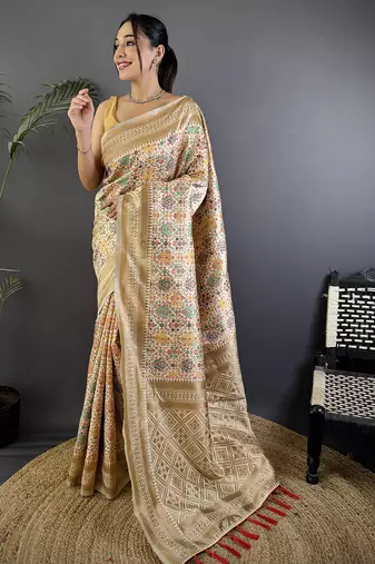 cream soft silk blend intricate floral & paisley motifs zari weaving banarasi saree
