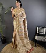 cream soft silk blend intricate floral & paisley motifs zari weaving banarasi saree