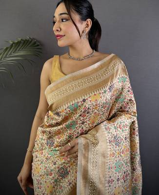 cream soft silk blend intricate floral & paisley motifs zari weaving banarasi saree 3