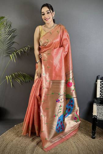 light orange tissue peacock & floral motifs mina zari weaving paithani saree