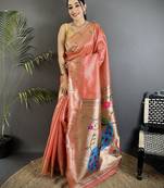 light orange tissue peacock & floral motifs mina zari weaving paithani saree