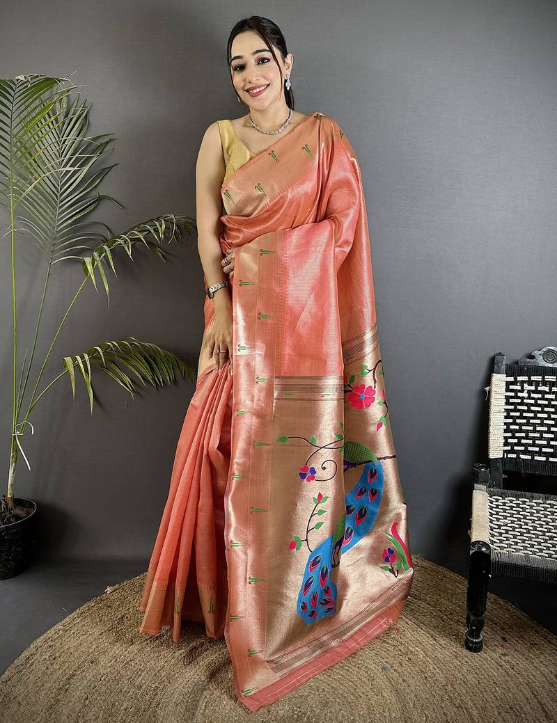 light orange tissue peacock & floral motifs mina zari weaving paithani saree