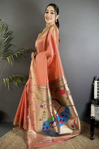 light orange tissue peacock & floral motifs mina zari weaving paithani saree