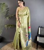 pista green tissue peacock & floral motifs mina zari weaving paithani saree
