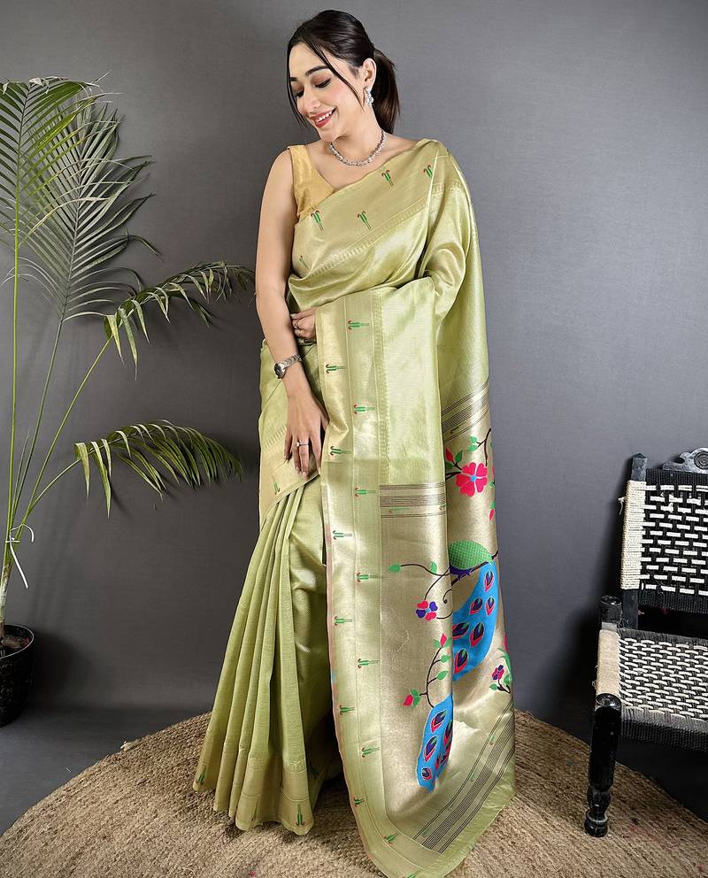 pista green tissue peacock & floral motifs mina zari weaving paithani saree