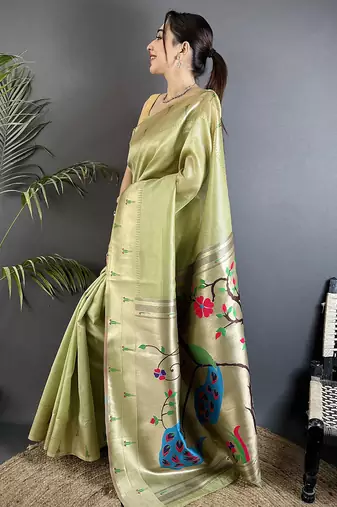 pista green tissue peacock & floral motifs mina zari weaving paithani saree