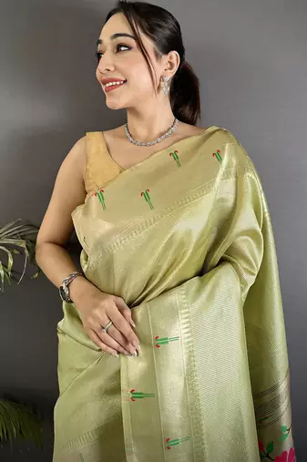 pista green tissue peacock & floral motifs mina zari weaving paithani saree
