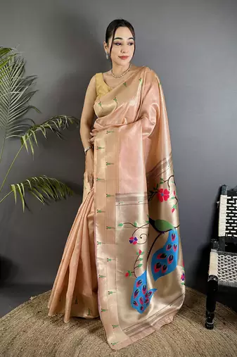peach tissue peacock & floral motifs mina zari weaving paithani saree