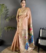 peach tissue peacock & floral motifs mina zari weaving paithani saree