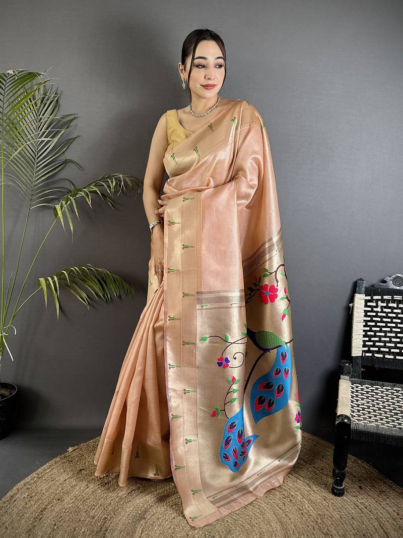 peach tissue peacock & floral motifs mina zari weaving paithani saree