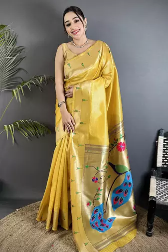 yellow tissue peacock & floral motifs mina zari weaving paithani saree
