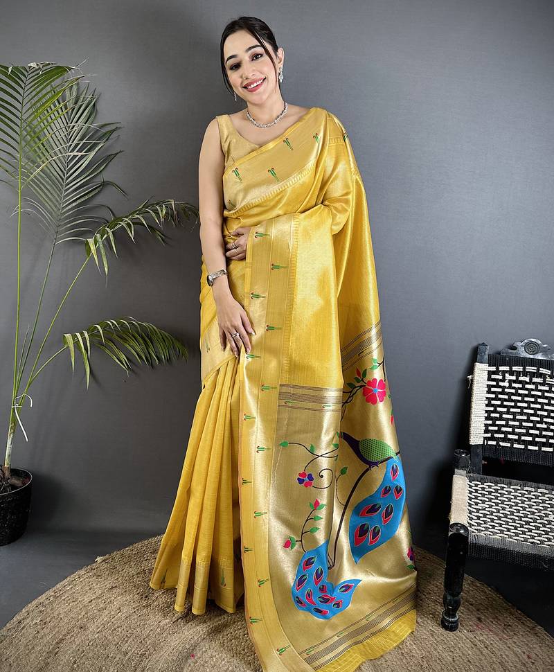 yellow tissue peacock & floral motifs mina zari weaving paithani saree