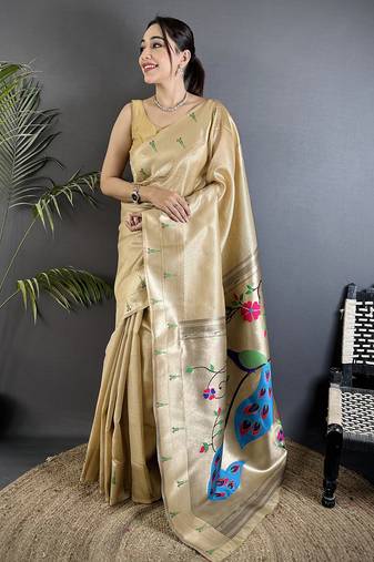 ivory tissue peacock & floral motifs mina zari weaving paithani saree