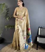 ivory tissue peacock & floral motifs mina zari weaving paithani saree