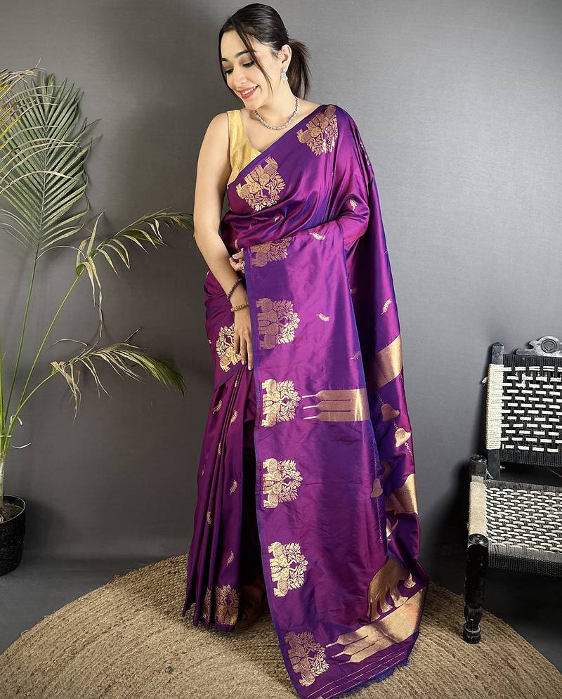 purple soft silk blend mofits zari weaving banarasi saree with unique border