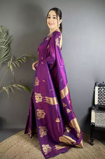 purple soft silk blend mofits zari weaving banarasi saree with unique border