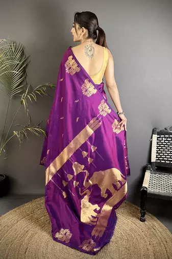 purple soft silk blend mofits zari weaving banarasi saree with unique border
