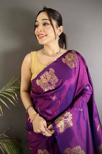 purple soft silk blend mofits zari weaving banarasi saree with unique border