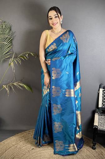 blue soft silk blend mofits zari weaving banarasi saree with unique border