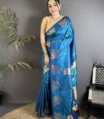 blue soft silk blend mofits zari weaving banarasi saree with unique border